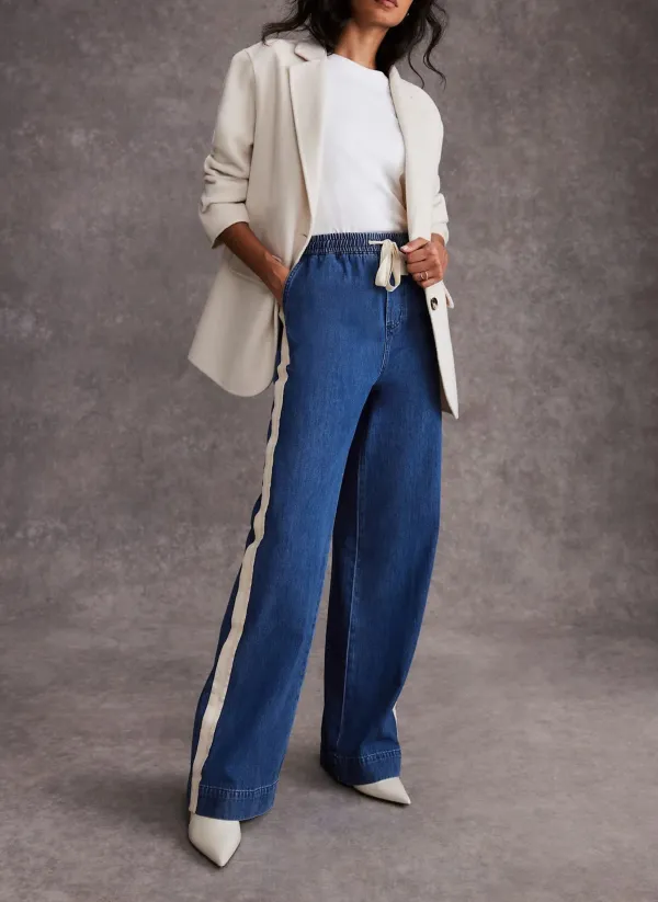 Casual Style Tie Waist Side Stripe Wide Jeans