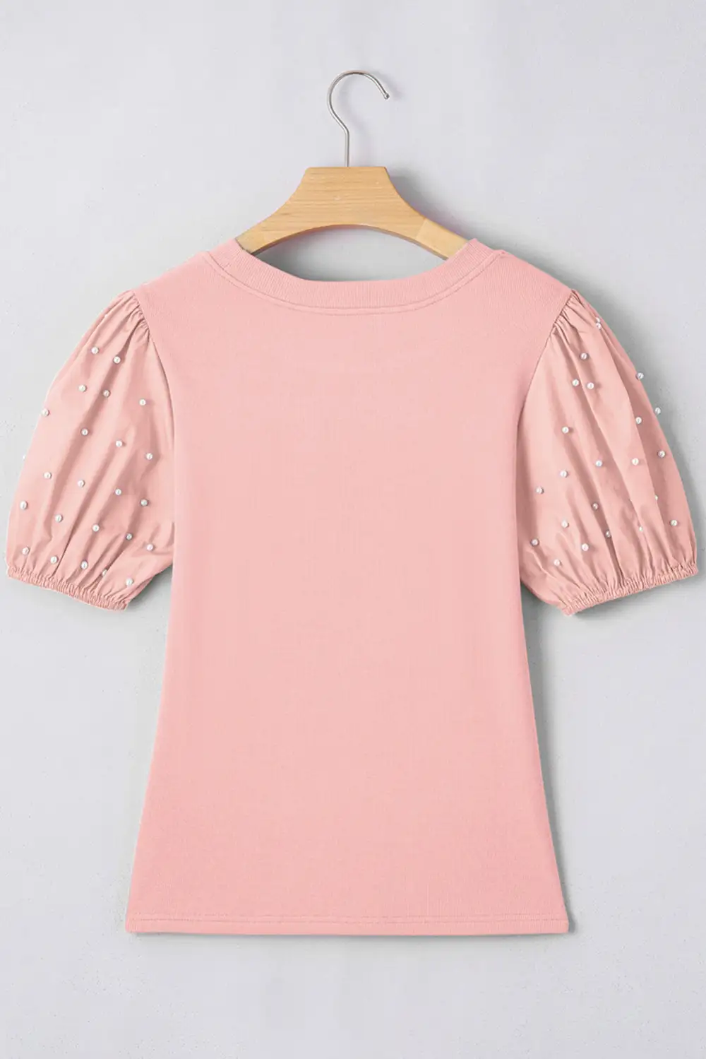 Light Pink Ribbed Pearl Beaded Puff Sleeve Top