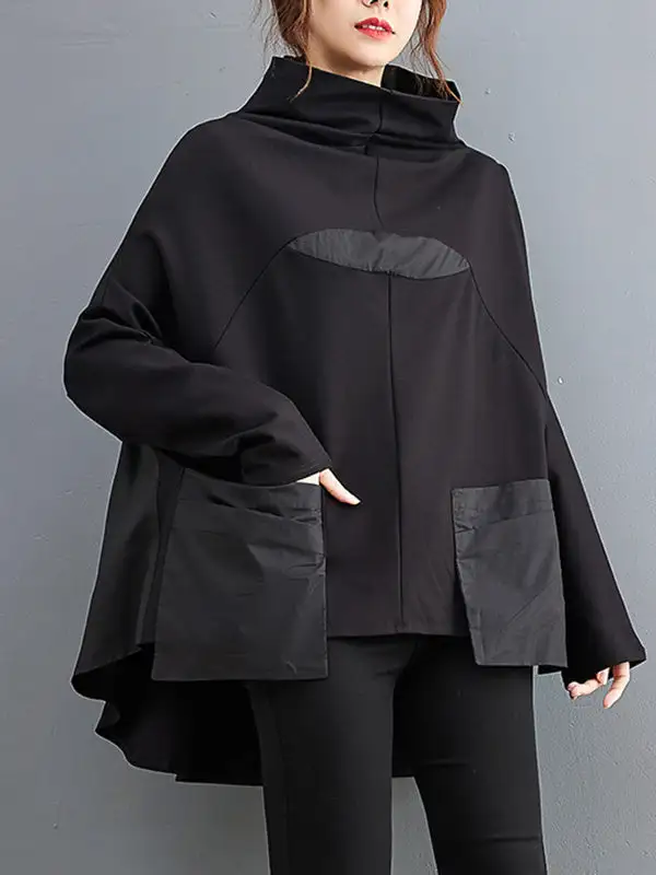 Casual Relaxed Panel Detail High Neck Long Batwing Sleeve T-Shirt