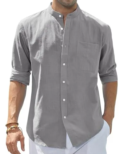 Men's Cotton Linen Long Sleeve Shirts Casual Button Down Banded Collar Shirt Beach Summer Tops with Pocket