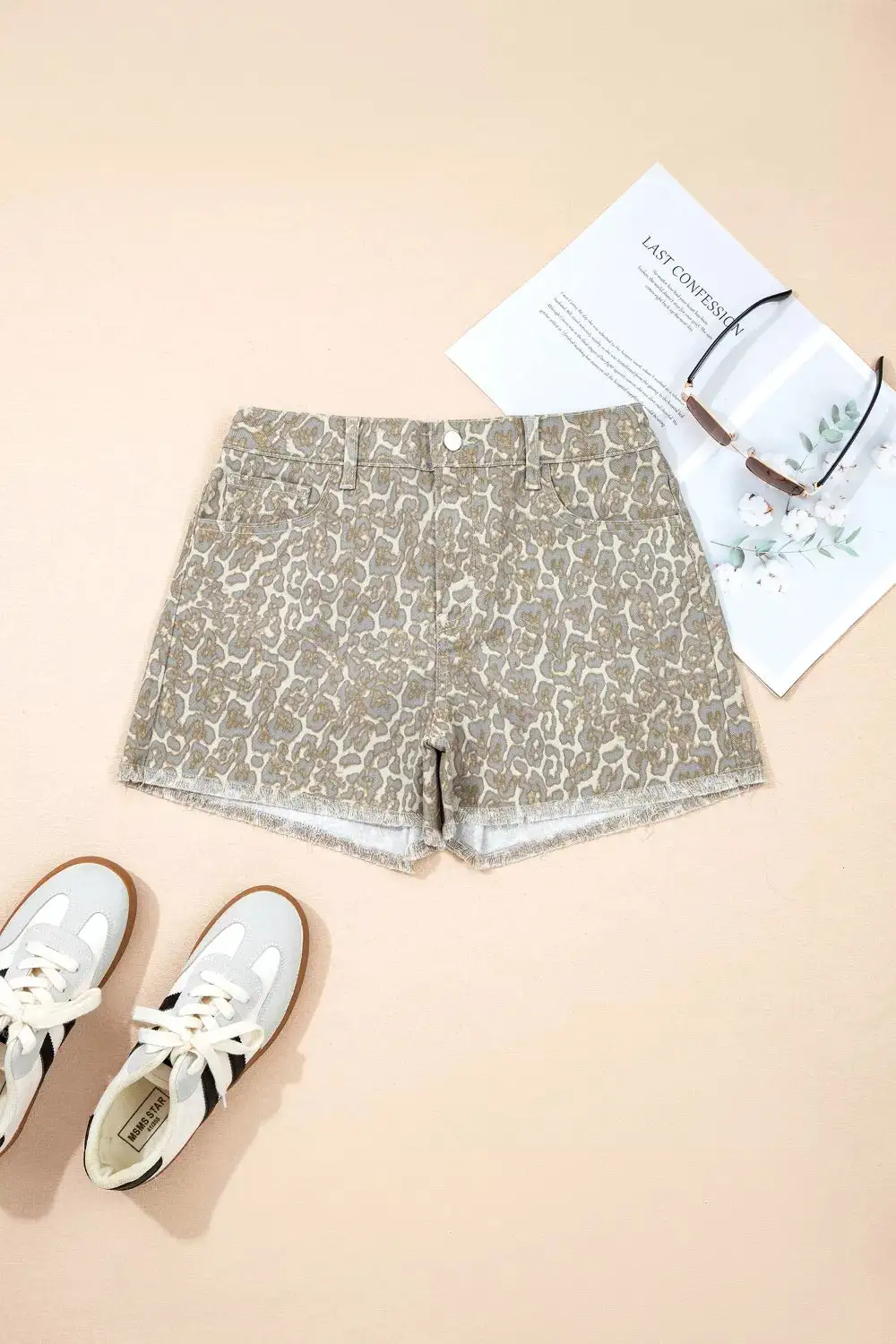 Raw Edge Leopard Print Denim Shorts