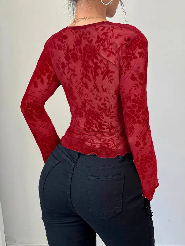 Flared Sleeve Long Sleeve Deep V-Neck T-Shirt