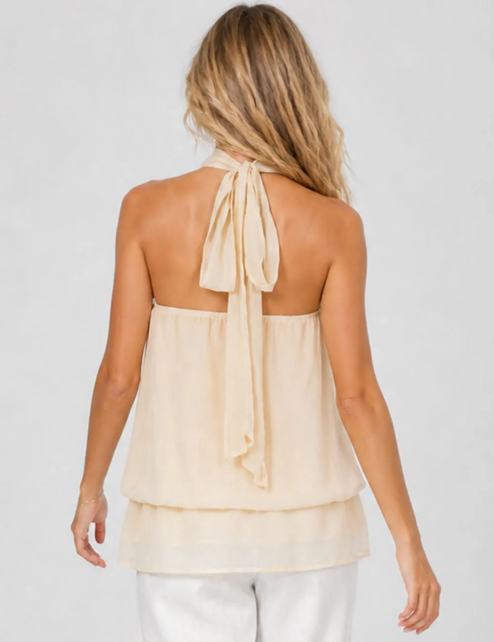 Chiffon Stand Neck Solid Color Ruffle Hem Sleeveless Top