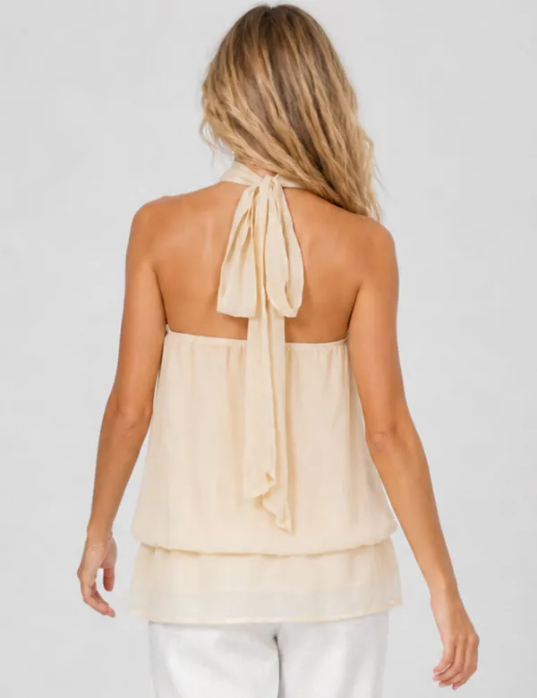 Chiffon Stand Neck Solid Color Ruffle Hem Sleeveless Top
