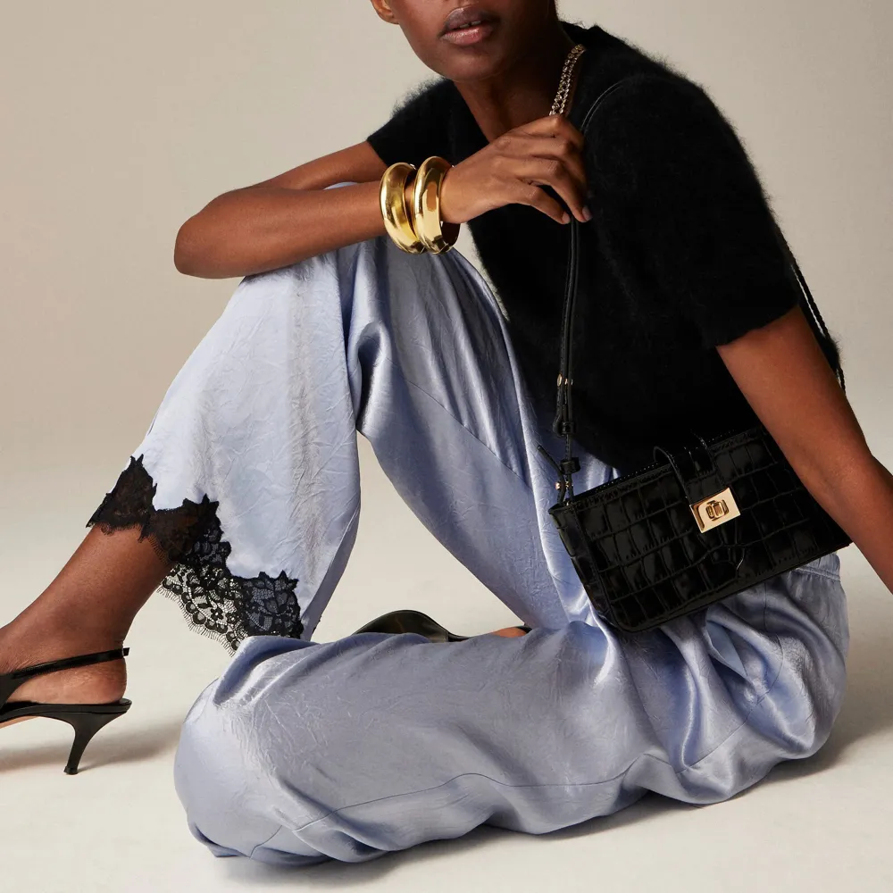 Satin Lace Hem Wide Leg Crop Pants