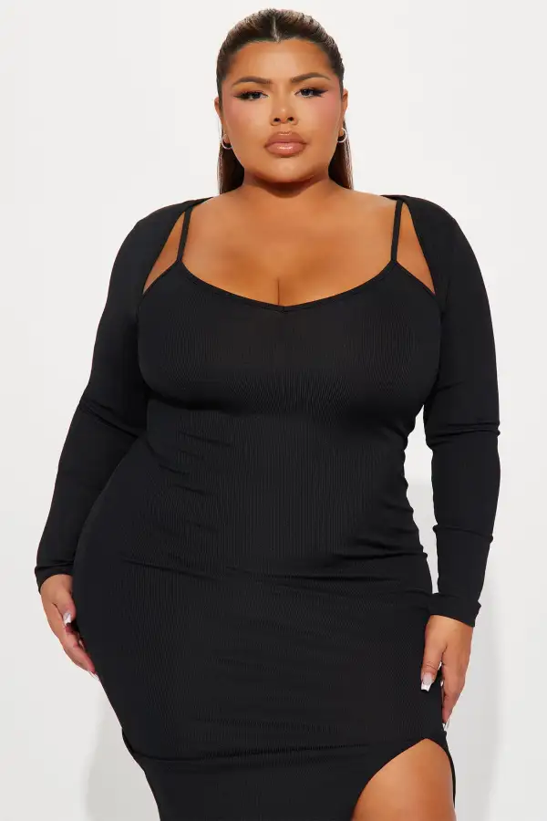 Nora Ribbed Midi Dress - Black