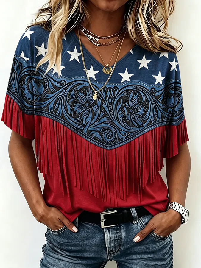 Women'S Casual Tassel Printed V-Neck T-Shirt