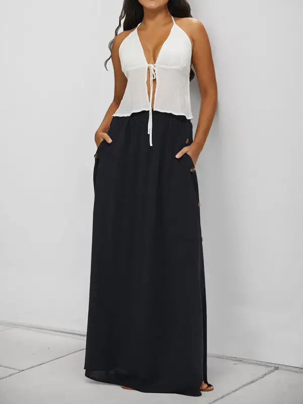 Smooth Button Front Pocket Detail Silhouette Skirt