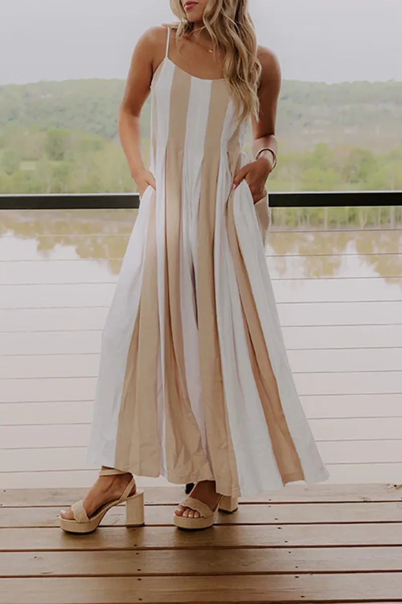 Linen Breathable Draped Striped Jumpsuit