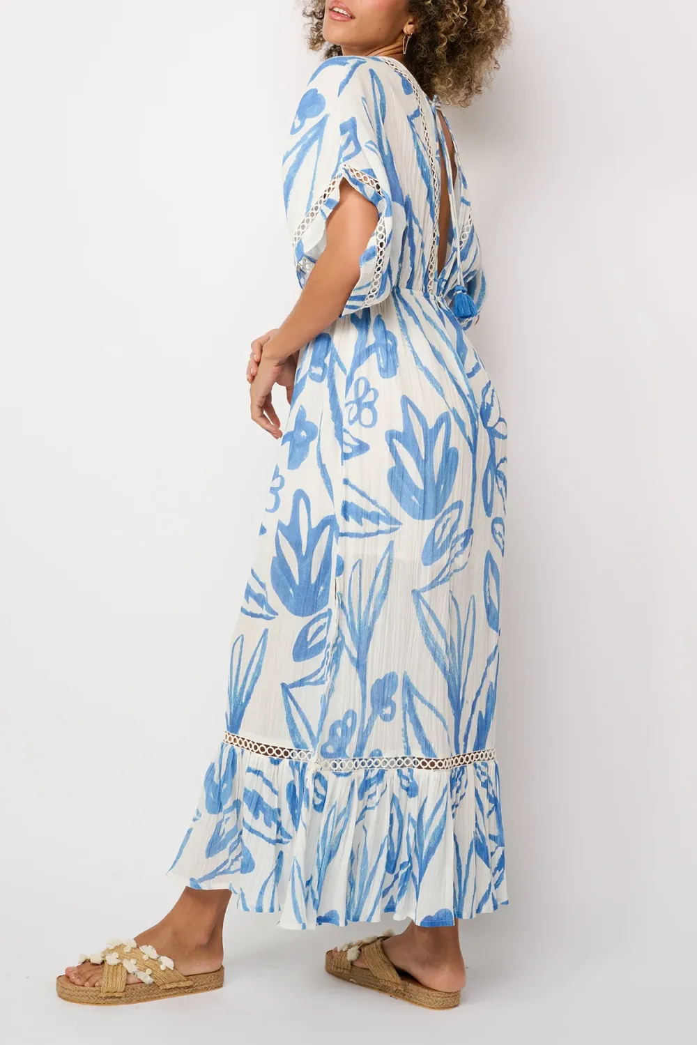Blue And White Botanical Print V Neck Maxi Dress