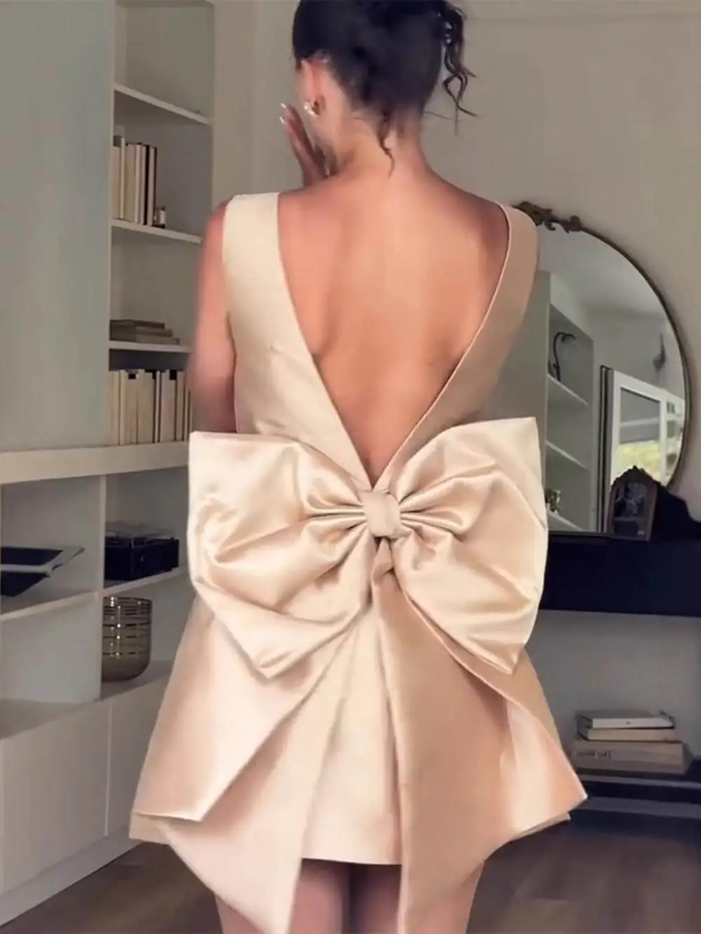 Modern Satin Backless Bow Decorated Mini Dress