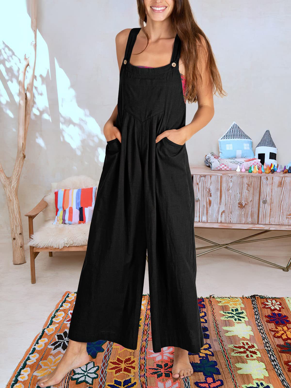 Solid Color Loose Casual Cotton And Linen Suspender Jumpsuit