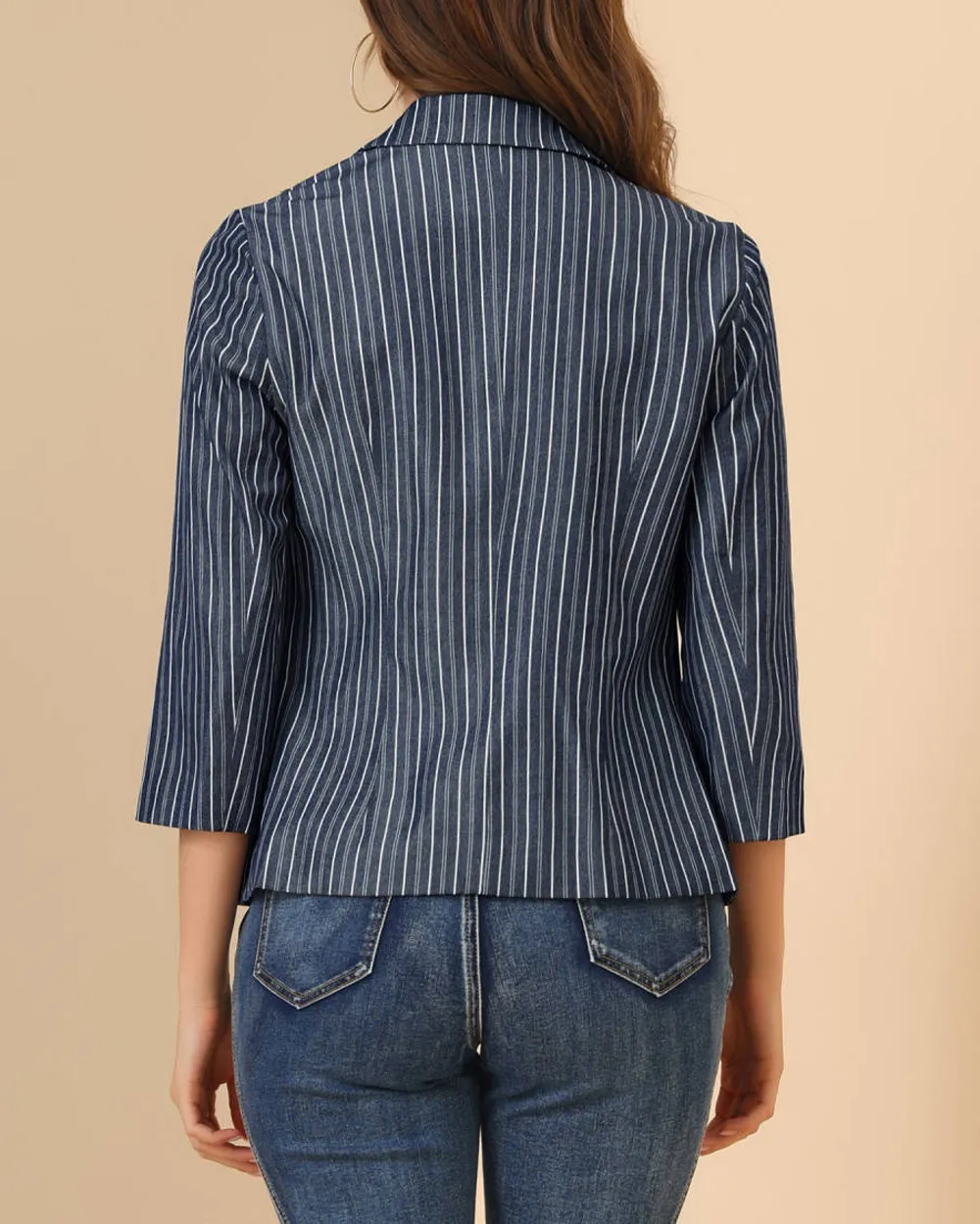 Striped 3/4 Sleeves Open Front Notched Lapel Blazer