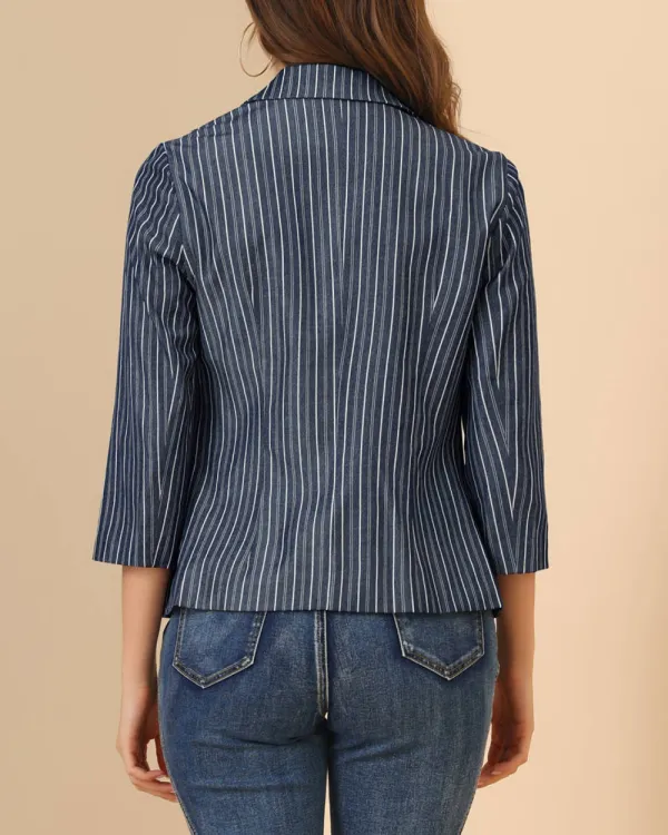 Striped 3/4 Sleeves Open Front Notched Lapel Blazer
