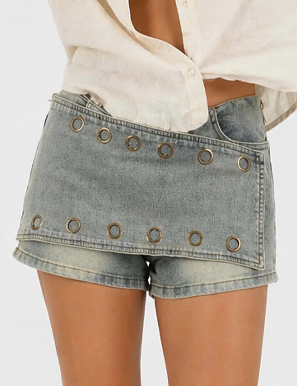 Metal Eyelet Wrap Denim Mini Shorts