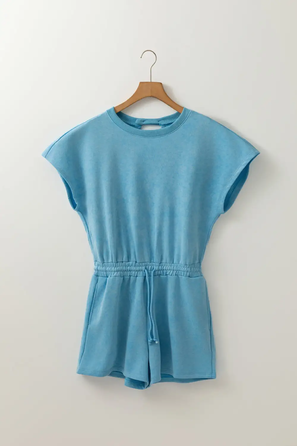 Relaxed Mineral Wash Drawstring Elastic Waistband Hollow Out Back Short Sleeve Romper