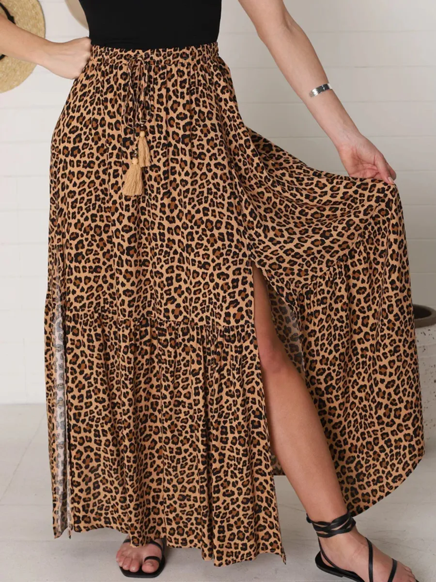 Bohemian high-waisted leopard print split half skirt