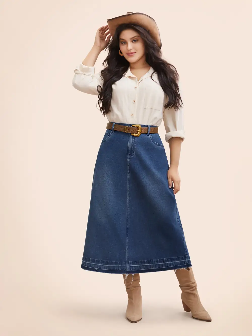 Stretch Denim Back Slit Midi Skirt