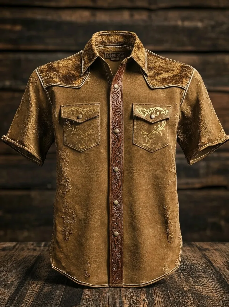 Men's Western Cowboy Floral Embossed Printed Shirt