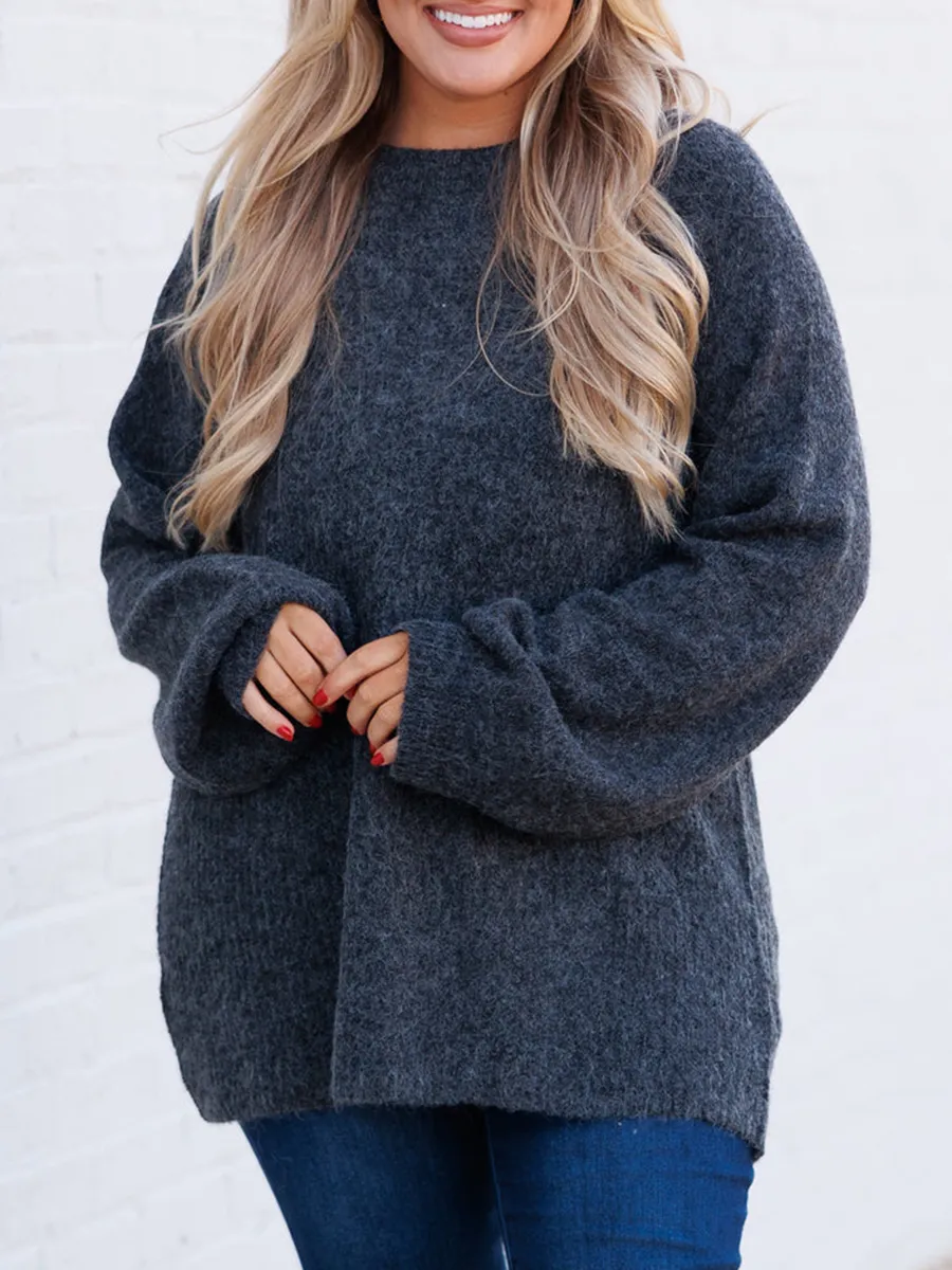 Dark Gray Lantern Sleeved Loose Knit Sweater