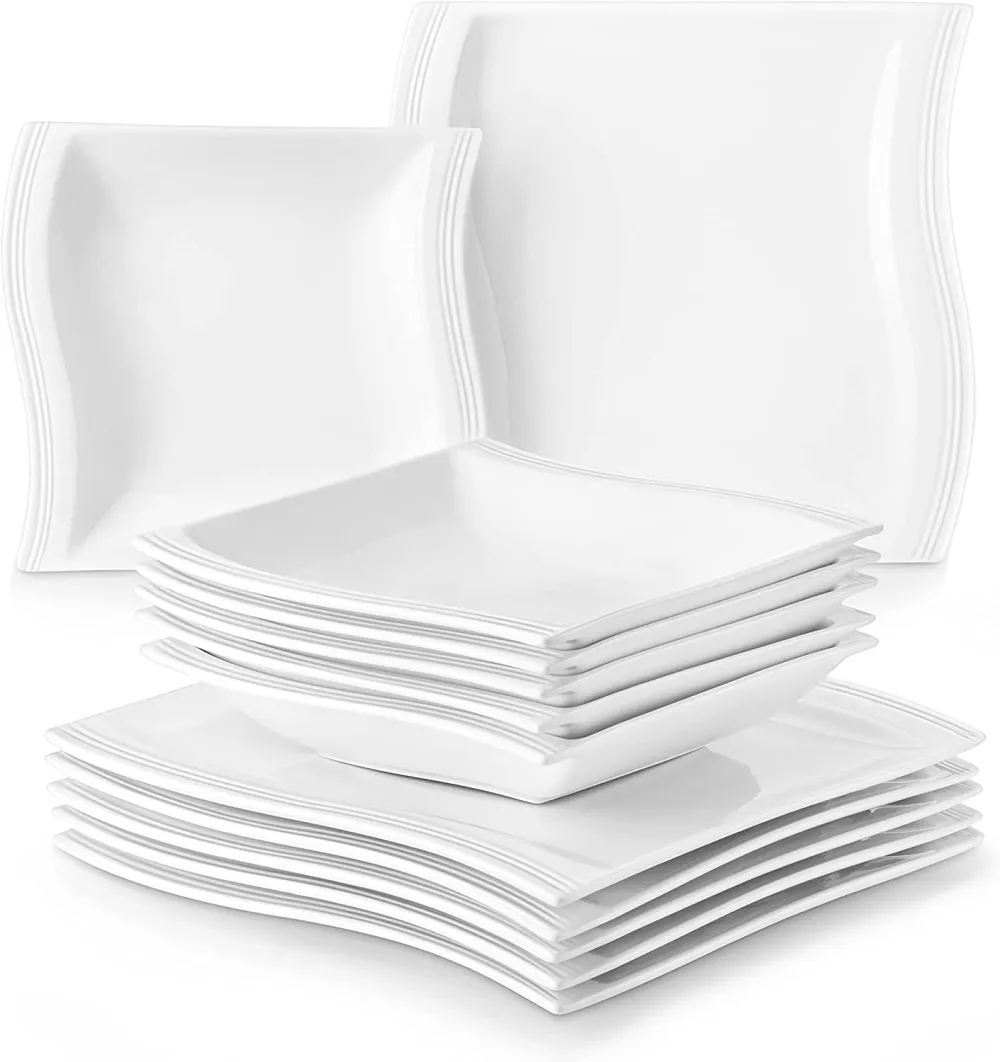 MALACASA Ivory White Dinnerware Sets, 60-Piece Square Dish Set for 12, Porcelain Dishes with Dinner Plates, Dessert Plates and Soup Plates, Cups and Saucers, Modern Dinnerware Oven Safe, Series Flora