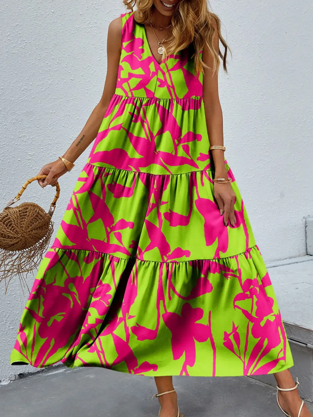 Boho Chic  Tiered Printed V-Neck Sleeveless Dress