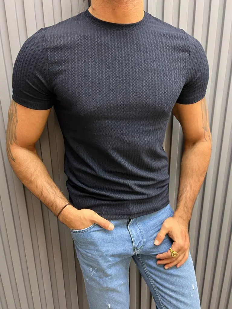 Fine Textured Crew Neck T-shirt- Dark Blue