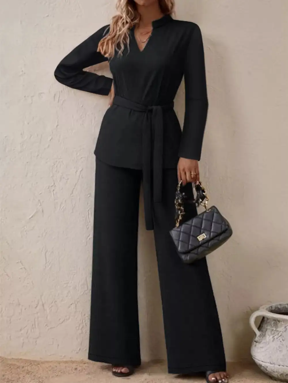 Tie Waist Long Sleeve Top and Pants Set