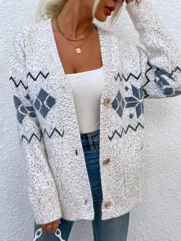 Women's Knit Cardigan Sweater with Snowflakes and Pockets in 4 Colors S-L