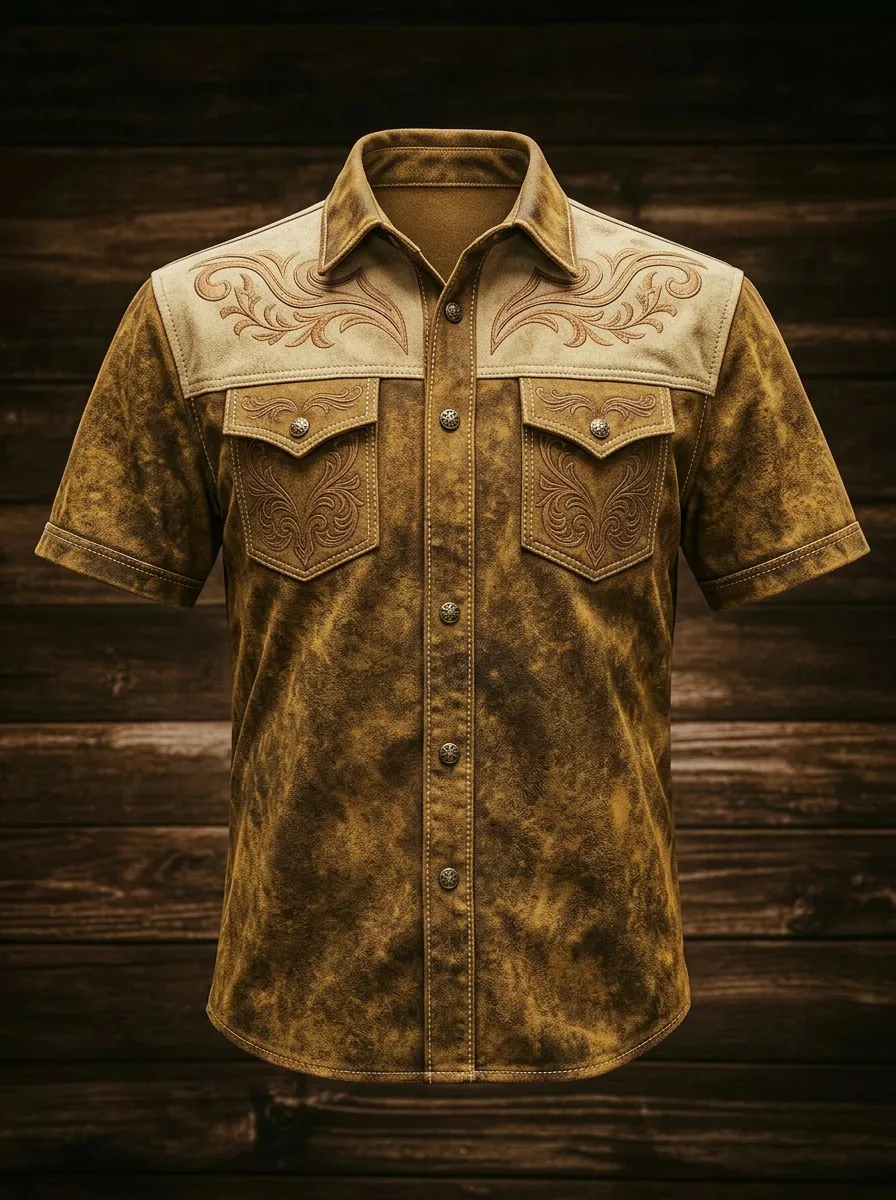 Men's Western Style Floral Embroidery Suede Printed Shirt