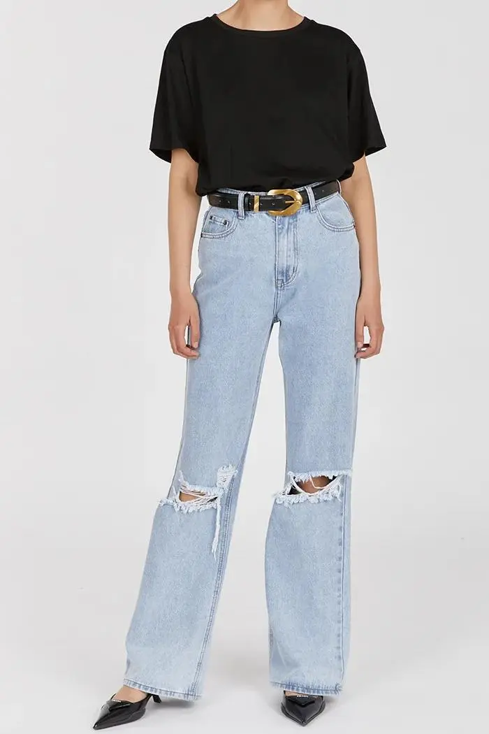BLUE HIGH RISE RIPPED JEAN
