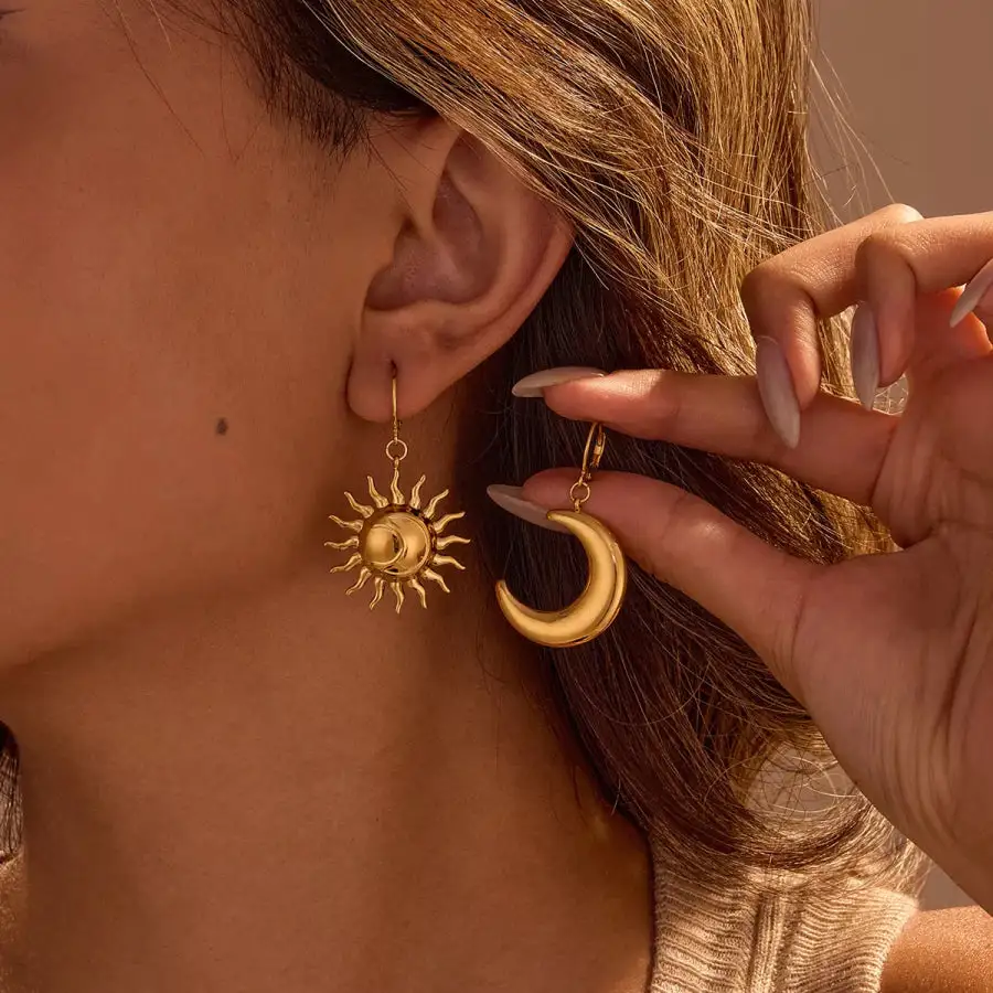 K Gold Plated Asymmetrical Sun & Moon Earrings