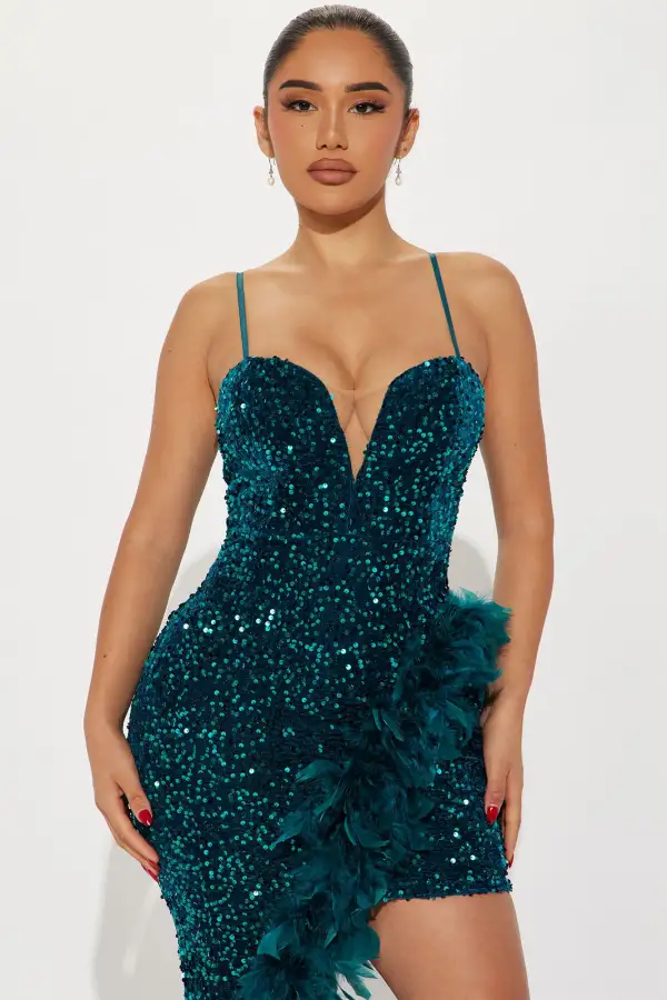 Vegas Vibes Sequin Feather Maxi Dress - Emerald