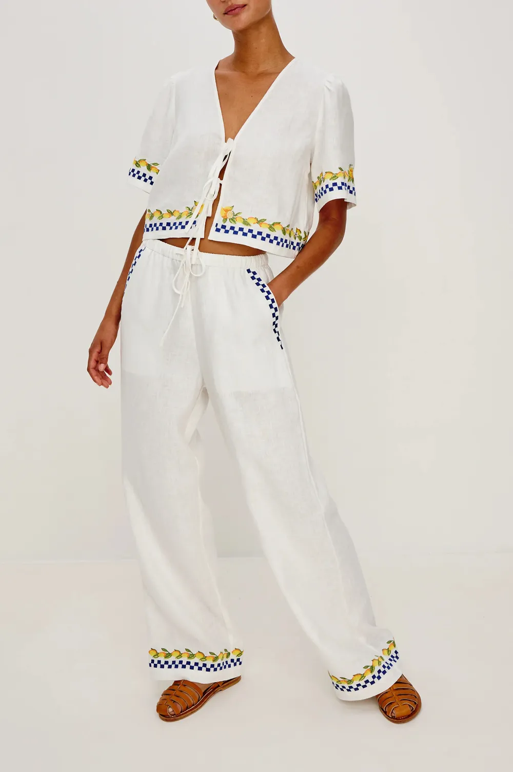 Ribbon-Hemmed Pure Cotton Plain-Colored Trousers