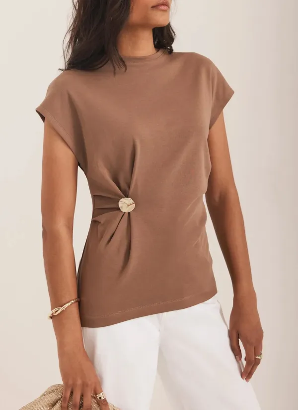 Casual Style Brown Gathered Detail T-Shirt
