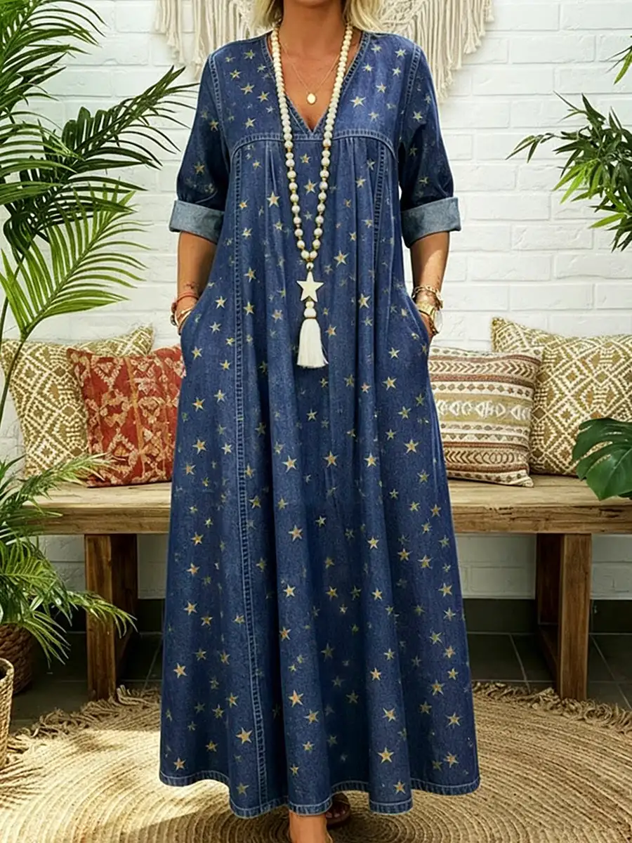Sleeves Pleated Printed Long Neck Maxi Dress