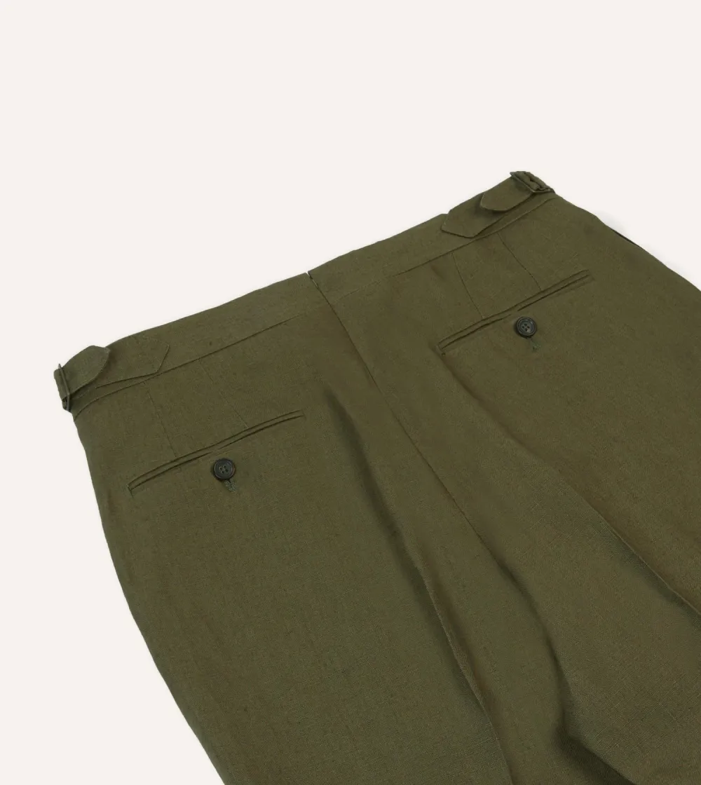 Olive Irish Linen Single Pleat Trouser Casual Style