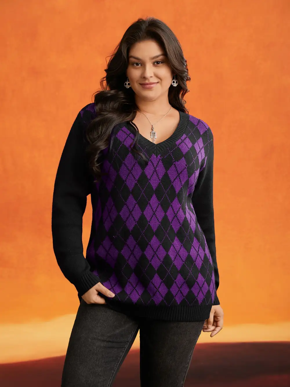 V-Neck Plaid Print Halloween Pullover