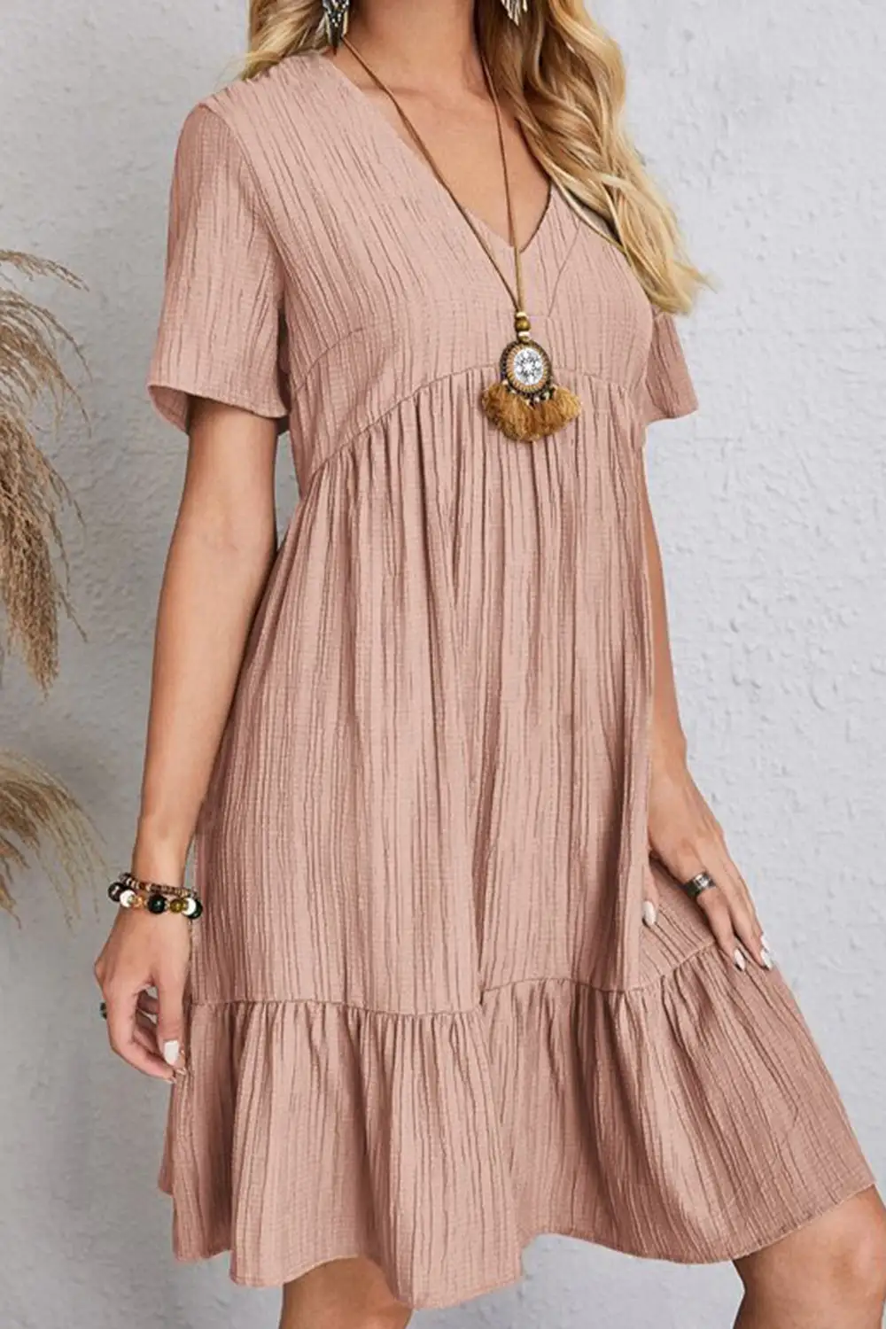 Boho Chic  Plus Size Ruched V-Neck Short Sleeve Dress