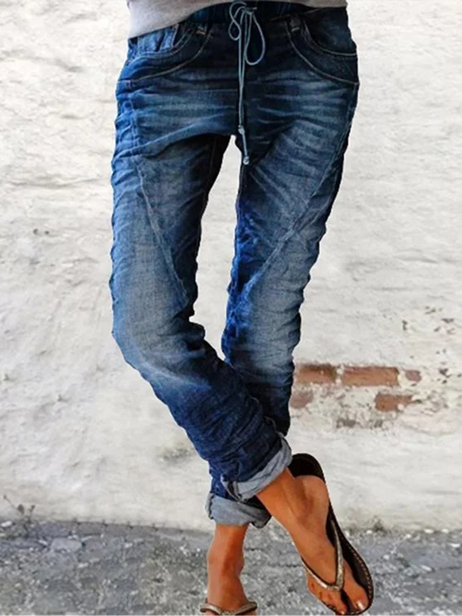 Leisure retro drawstring denim pants