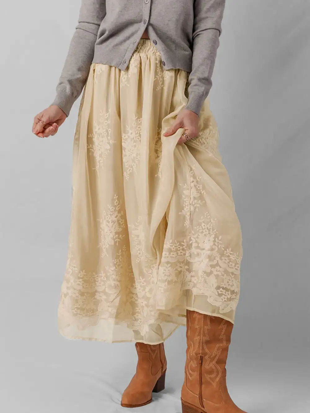 Mesh Embroidered Midi Skirt