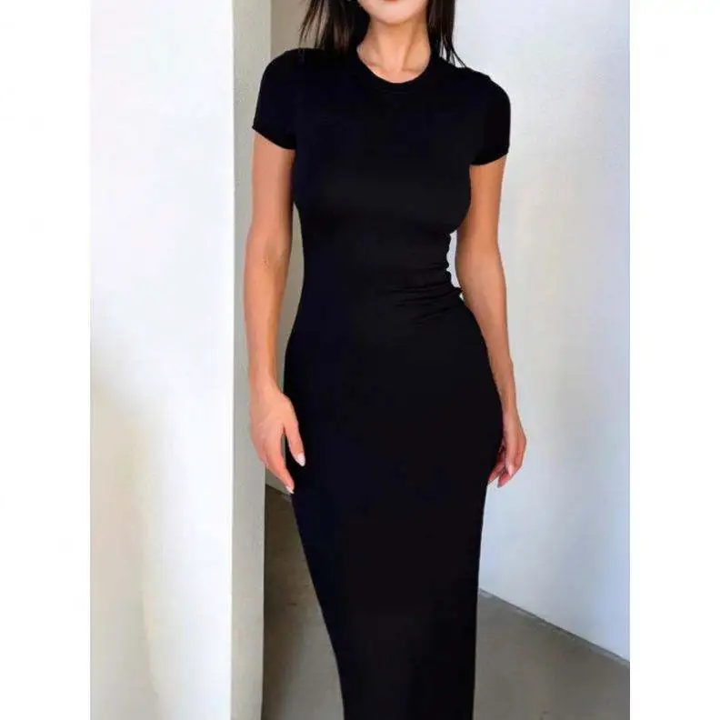 Solid Color Fitted Short Sleeve Women's Casual Dress