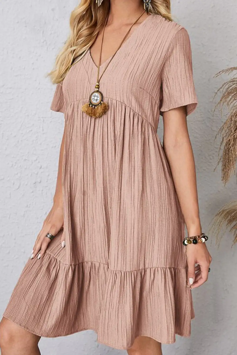 Boho Chic  Plus Size Ruched V-Neck Short Sleeve Dress