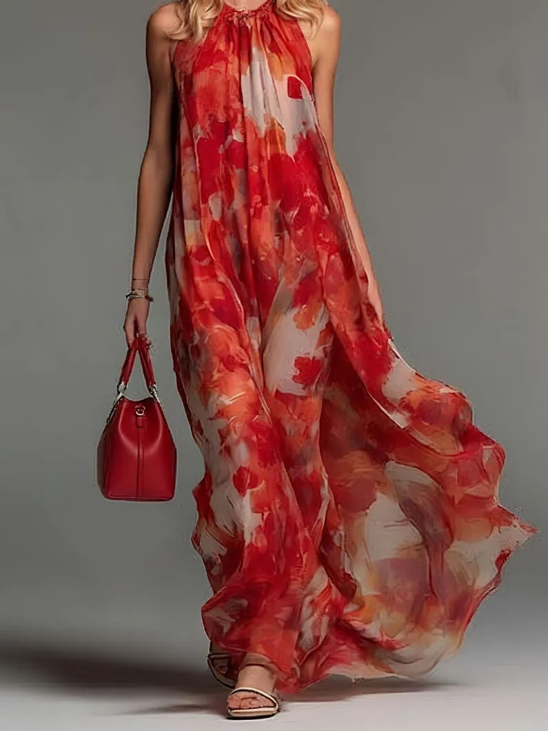 Watercolor Floral Backless Sheer Maxi Dress