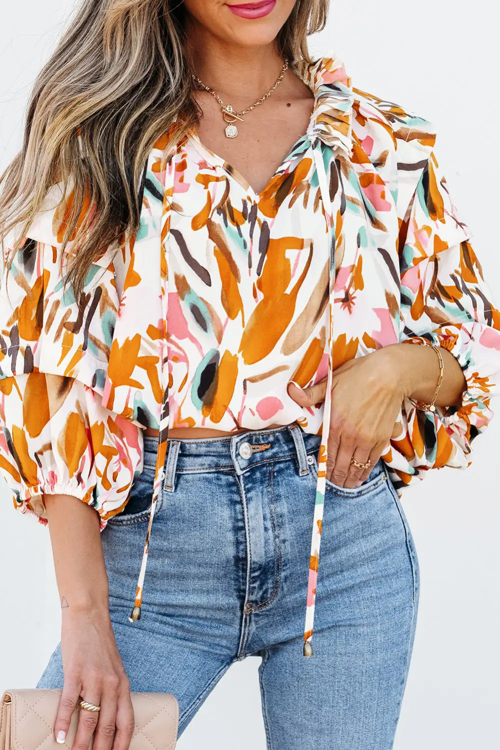 Abstract Print Frilled V-Neck Blouse