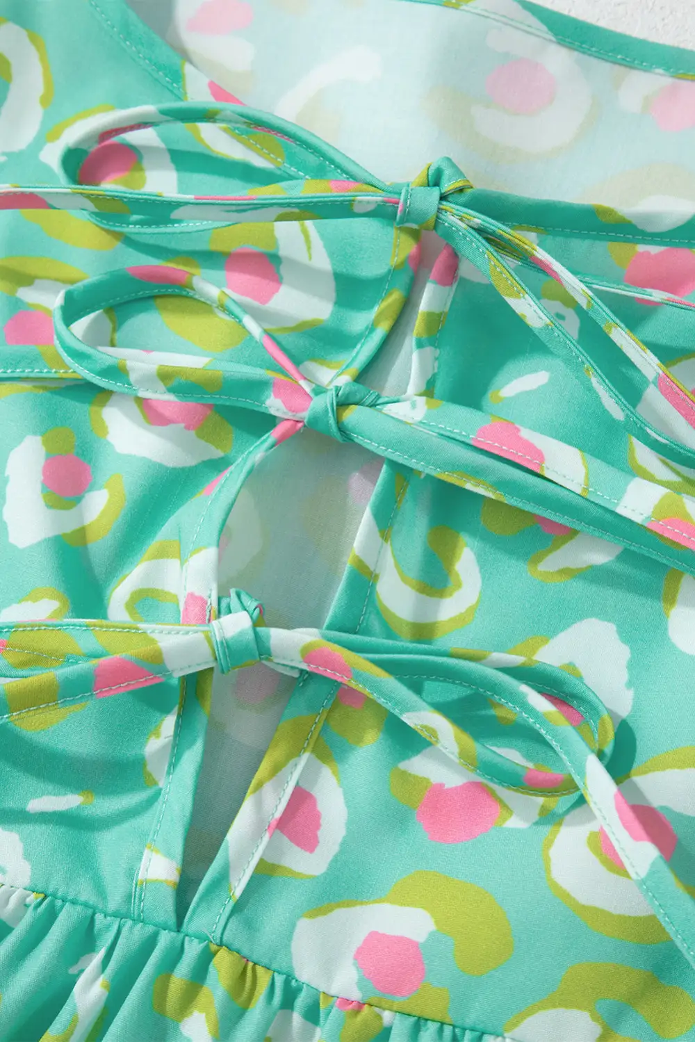 Green Abstract Printed Lace-Up Lantern Sleeve Babydoll Blouse