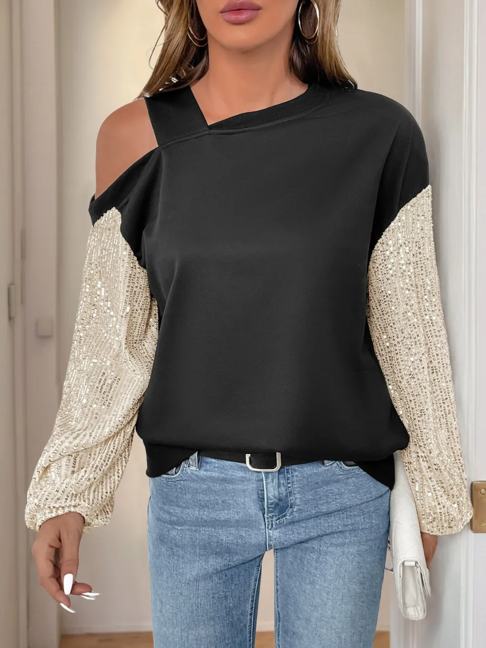 Perfee Sequin Asymmetrical Neck Long Sleeve Sweatshirt -Ships 12/17