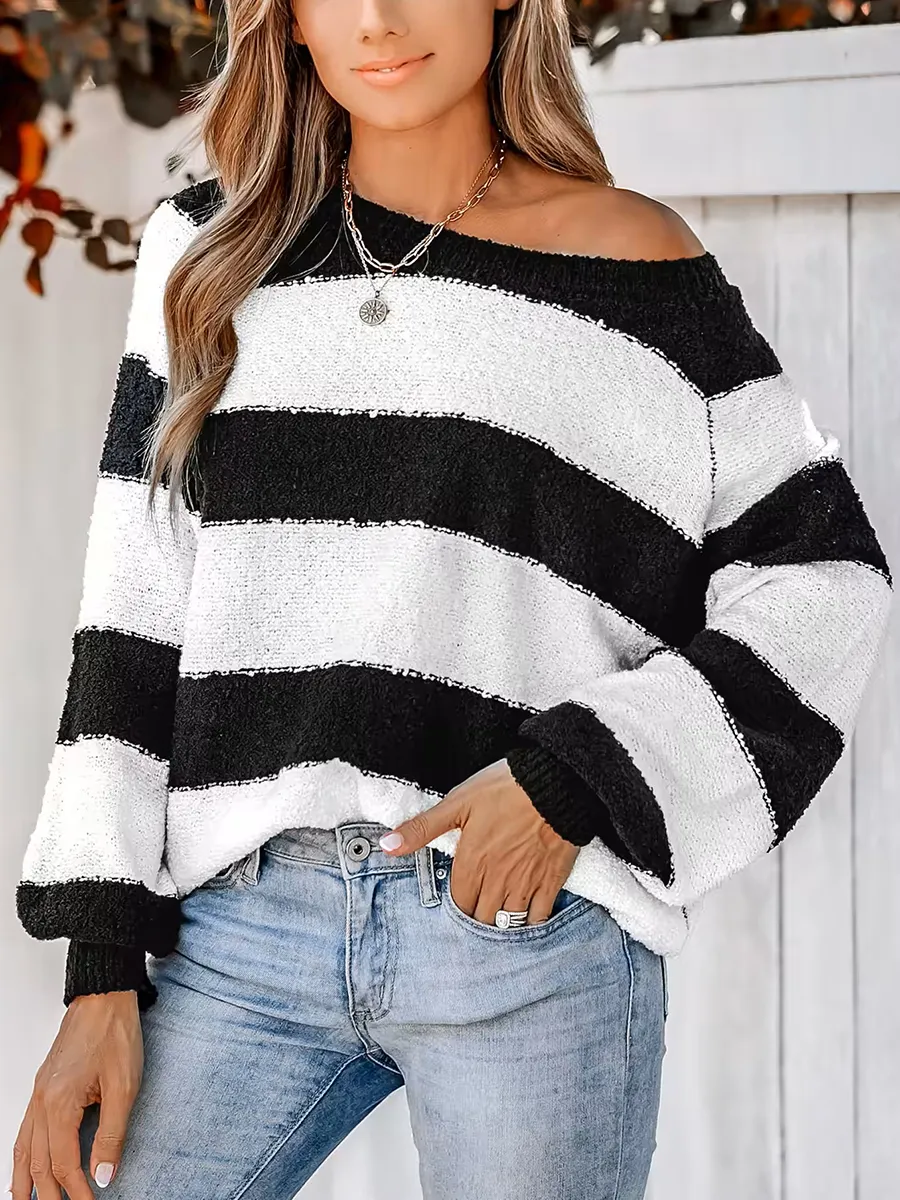 Women's Striped One Shoulder Plush Knitted Sweater