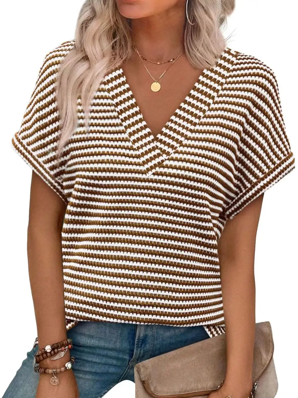 Striped V Neck Relaxed Fit T Shirt