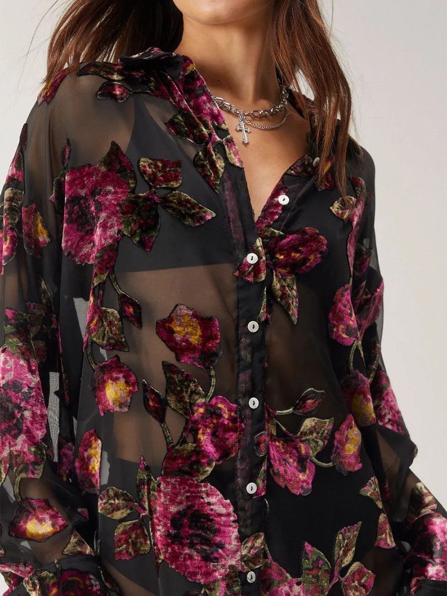 Ladies' Loose-Fitting Chiffon Floral Blouse